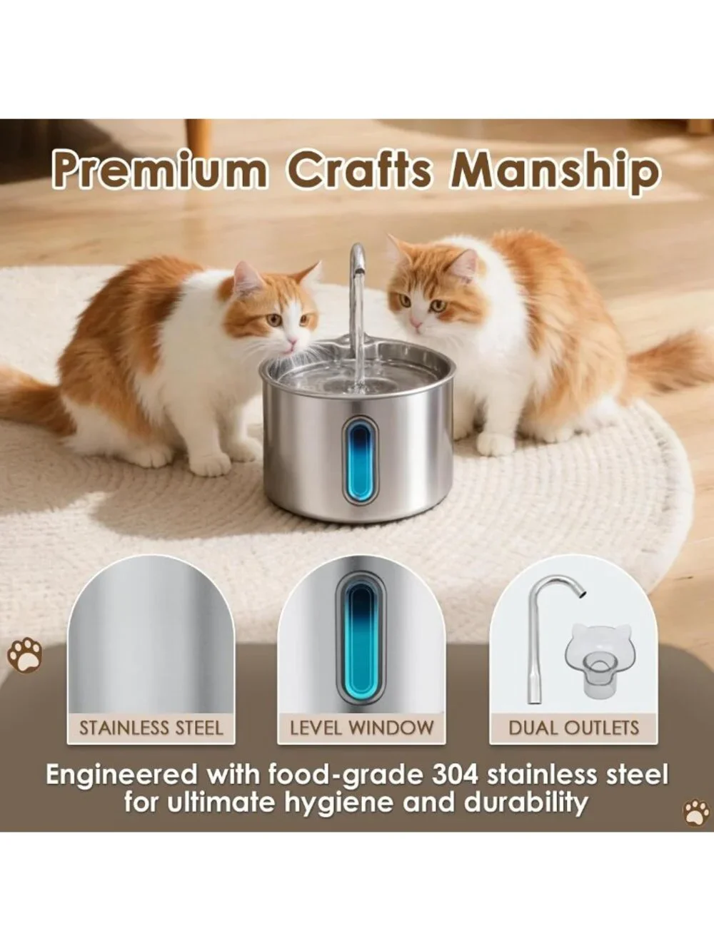 Automatic Stainless Steel Cat Water Fountain 74oz - Quiet Pet Dispenser with